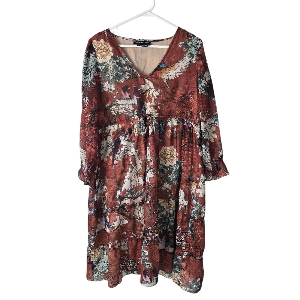Hemant & Nandita Zeri Tiered Floral Bird Print Peasant Dress 8 Ruffle Sleeves - Picture 2 of 14